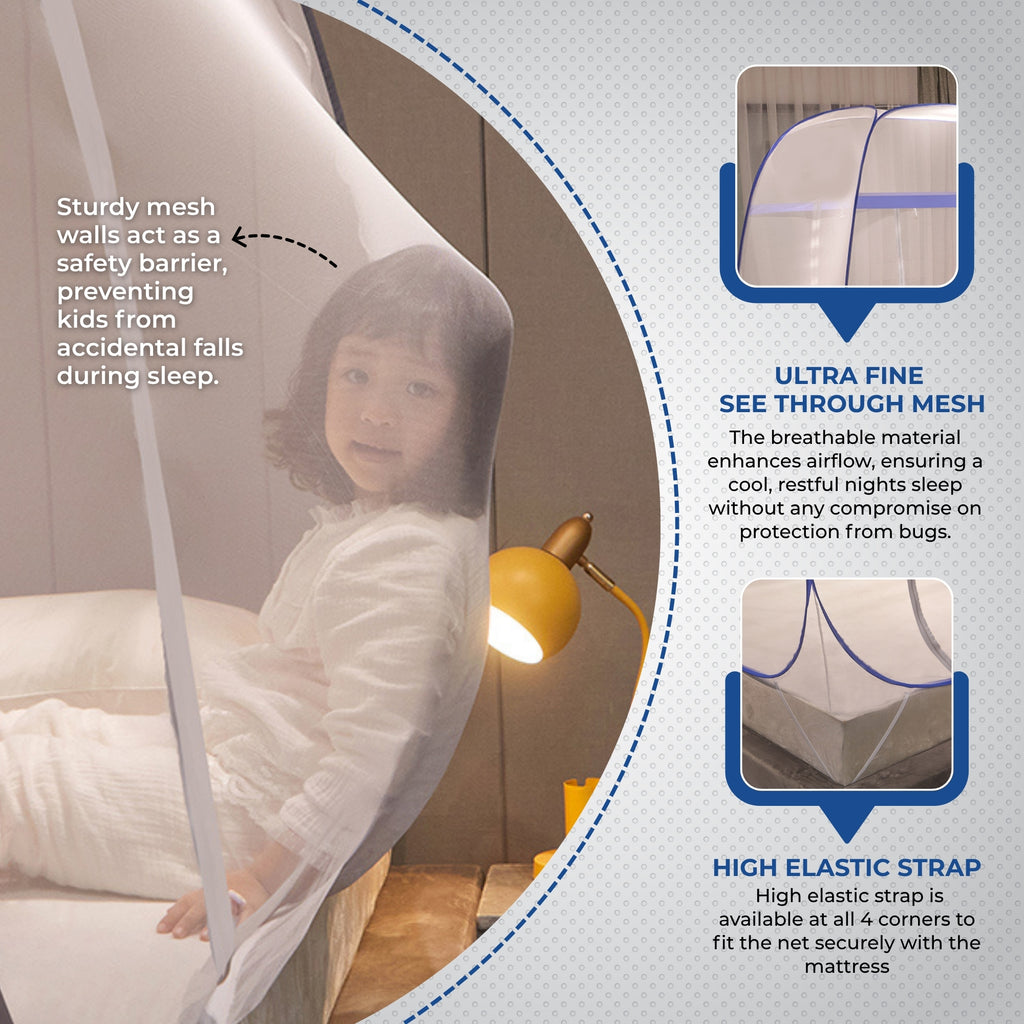 Foldable Mosquito Net for Double Bed | King Size Machardani with Steel Frame & Zipper Door | Portable, Washable & Breathable Polyester Mesh