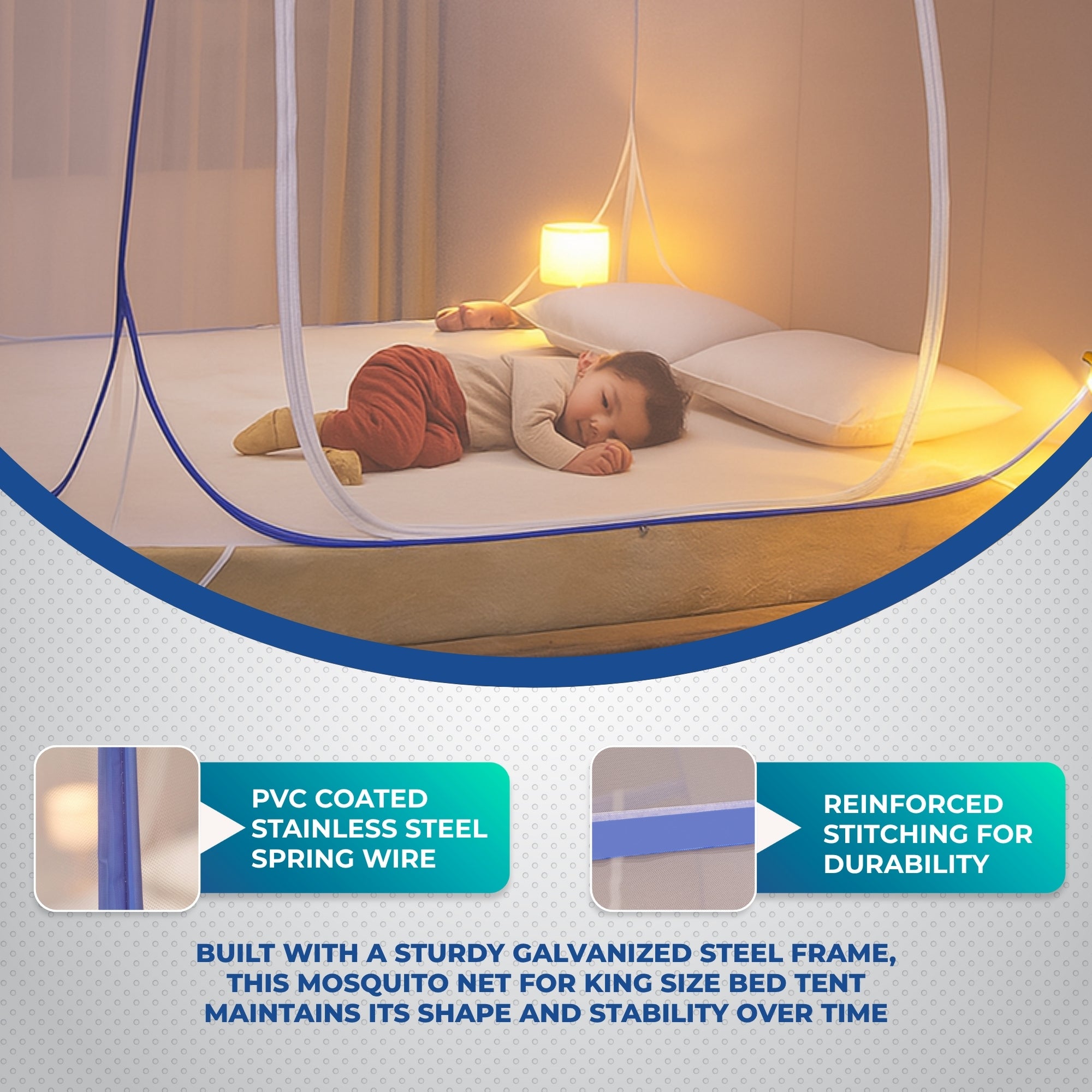 Foldable Mosquito Net for Double Bed | King Size Machardani with Steel Frame & Zipper Door | Portable, Washable & Breathable Polyester Mesh