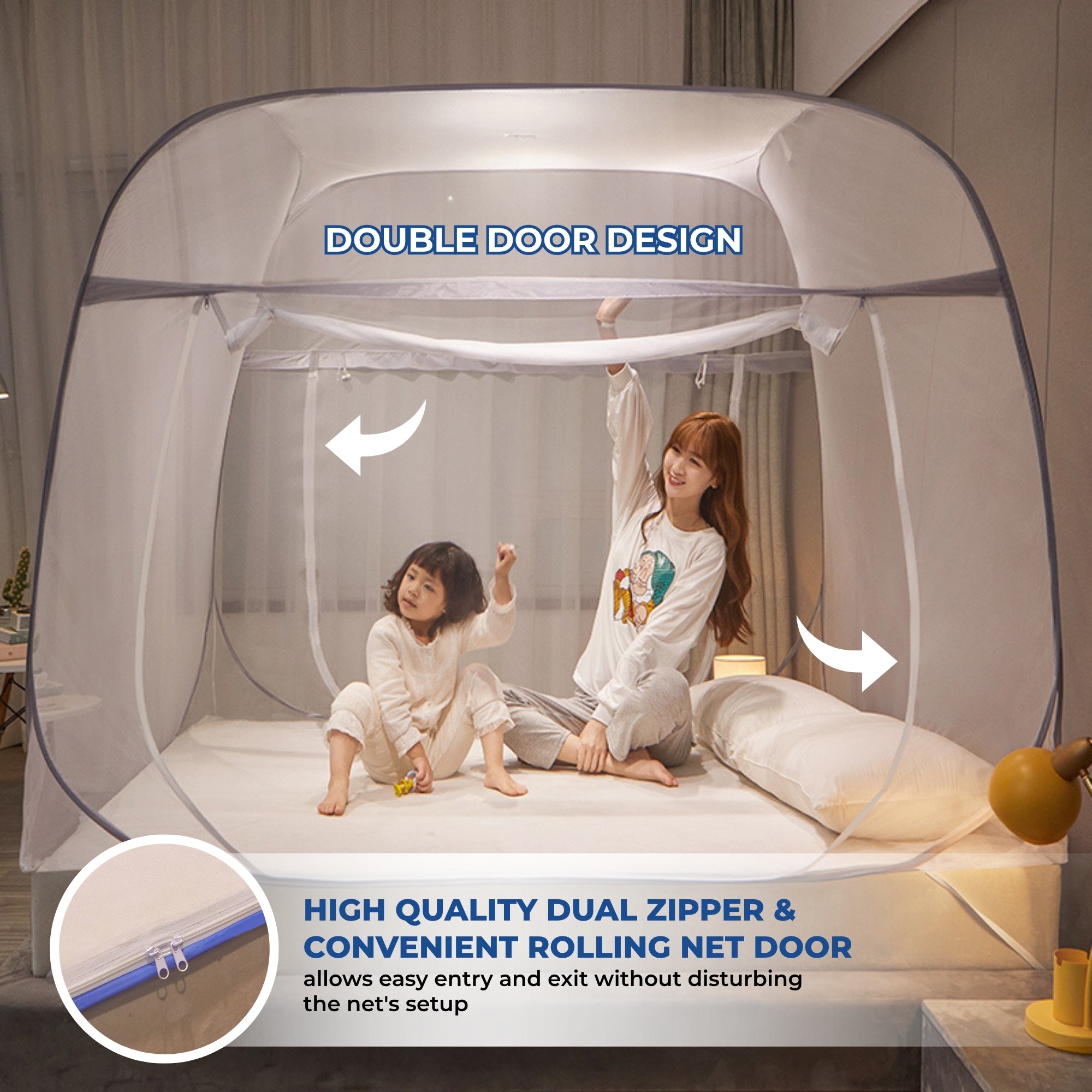 Foldable Mosquito Net for Double Bed | King Size Machardani with Steel Frame & Zipper Door | Portable, Washable & Breathable Polyester Mesh