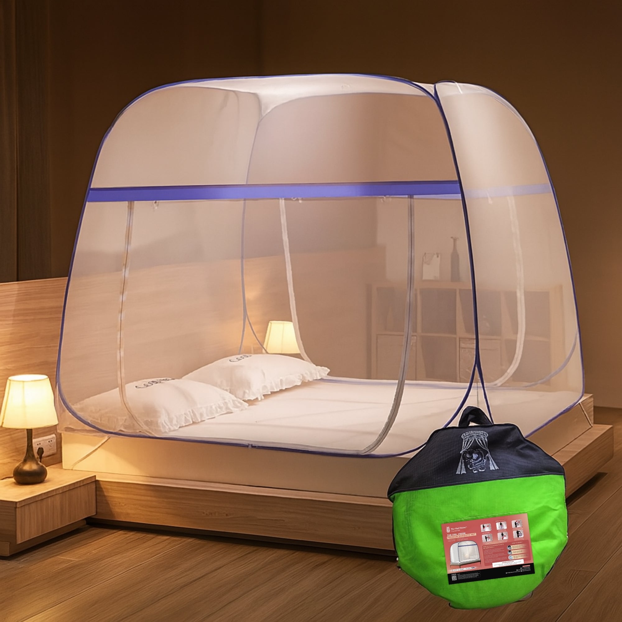 Foldable Mosquito Net for Double Bed | King Size Machardani with Steel Frame & Zipper Door | Portable, Washable & Breathable Polyester Mesh