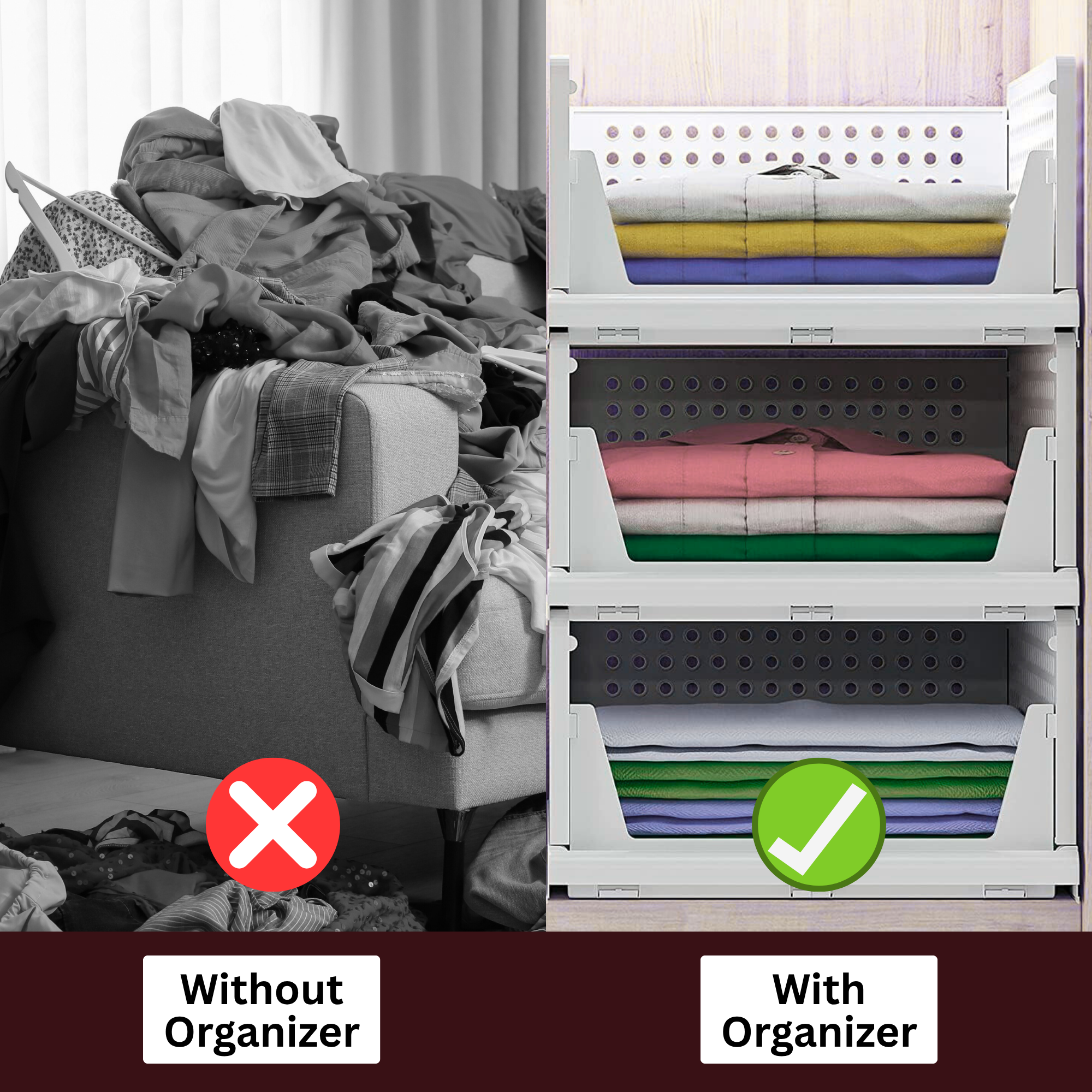 Foldable Wardrobe Organizer – Set of 3 Plastic Storage Drawers | Stackable Cloth Organizer for Shirts, Pants, Sarees & Toys | Space-Saving ABS Shelf Organizer for Home – White