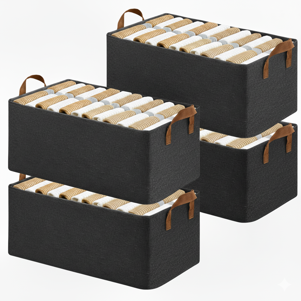 Foldable Cloth Storage Boxes with Handles | Large Capacity Wardrobe & Closet Organizer Bins for Clothes, Bedroom, Nursery & Laundry | Multipurpose Fabric Containers | Set of 4 – Black