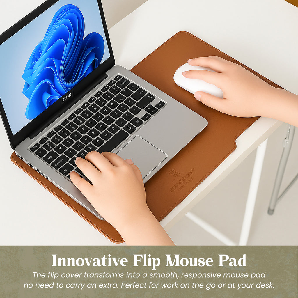 Vegan PU Leather Laptop Sleeve Bag with Built-in Mouse Pad & Adjustable Stand – Shockproof, Waterproof Slim Case for 14.1–15.4 inch Laptops