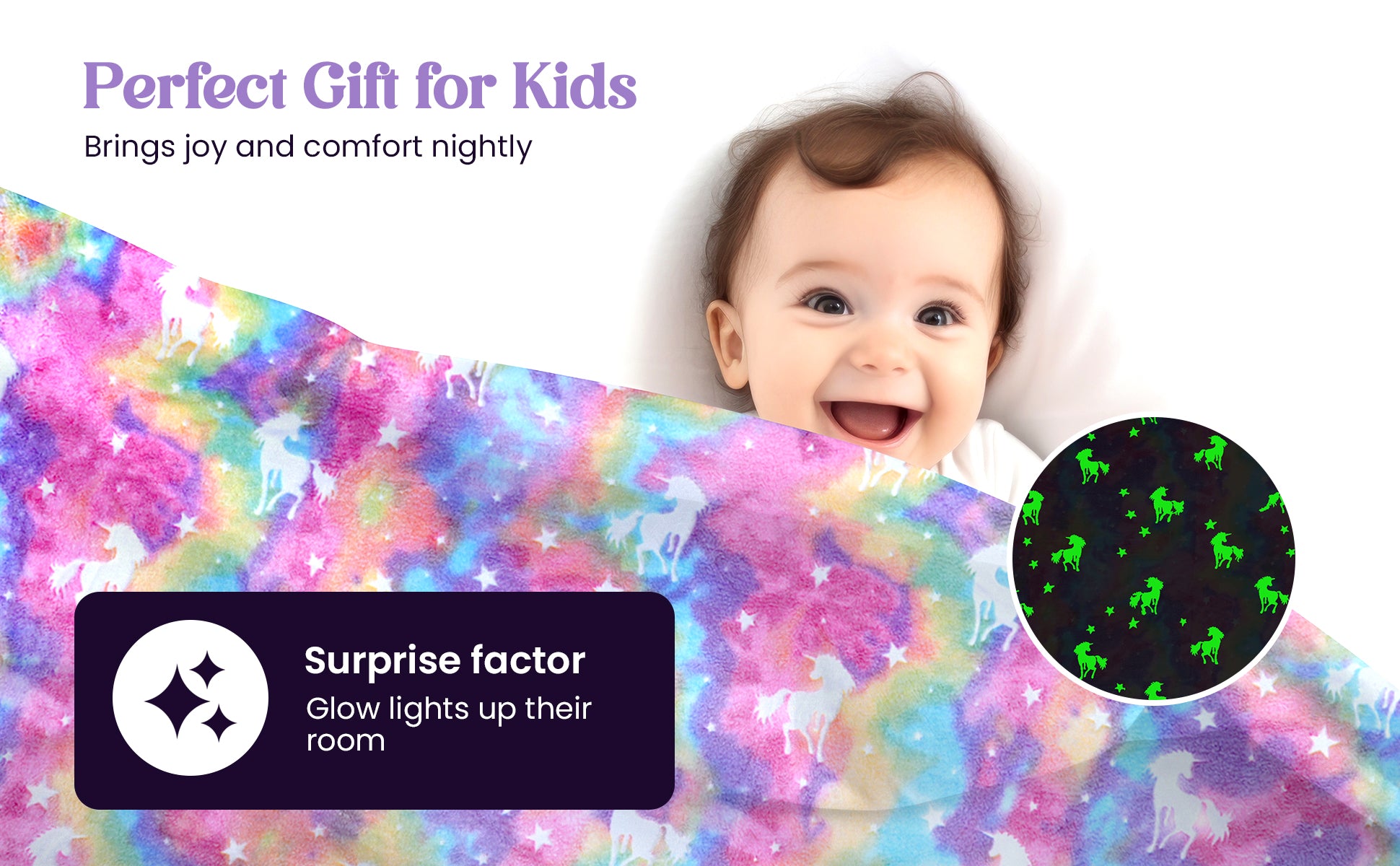 Glow in The Dark Blanket for Kids – Soft Cozy Fleece Unicorn & Star Design – 200x152 cm Queen Size – Washable Night Light Blanket for Girls & Boys (Mix Pink) (Age 0–15 Years)