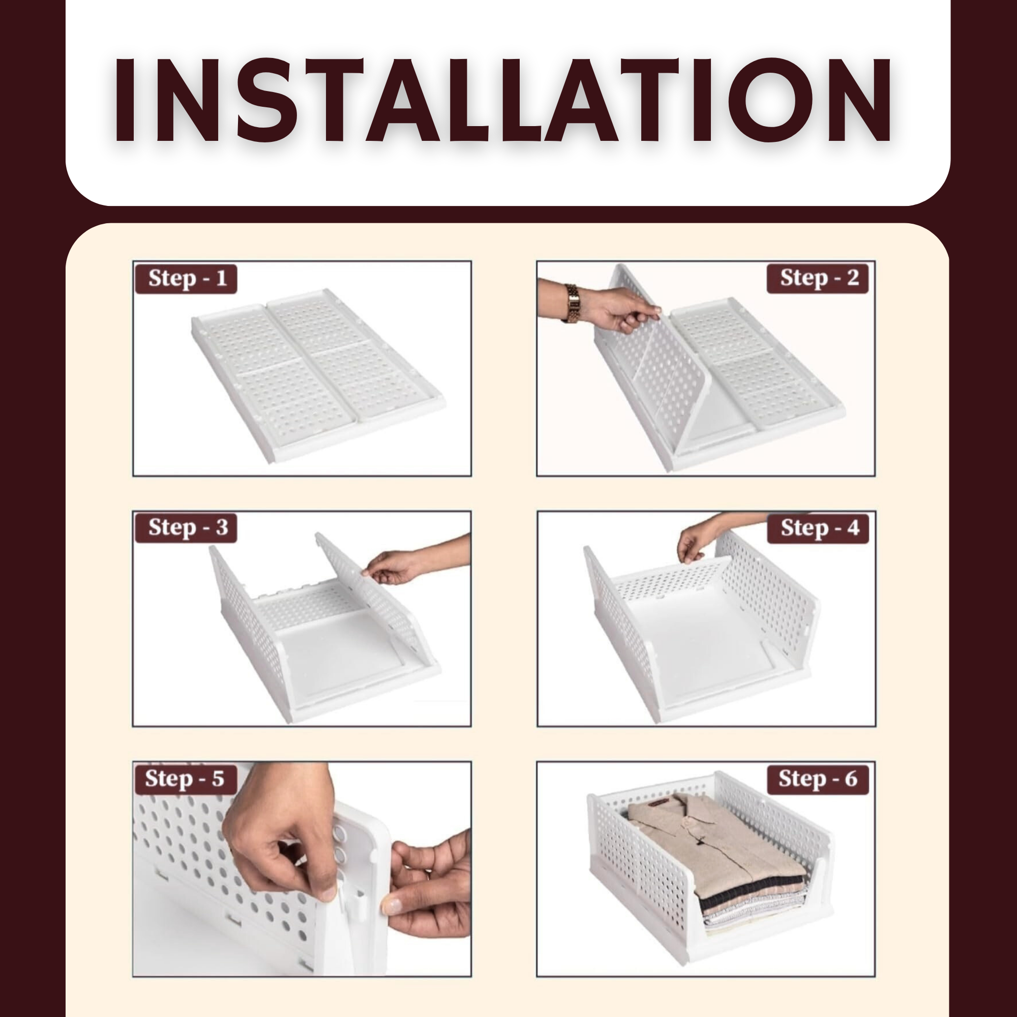 Foldable Wardrobe Organizer – Set of 3 Plastic Storage Drawers | Stackable Cloth Organizer for Shirts, Pants, Sarees & Toys | Space-Saving ABS Shelf Organizer for Home – White