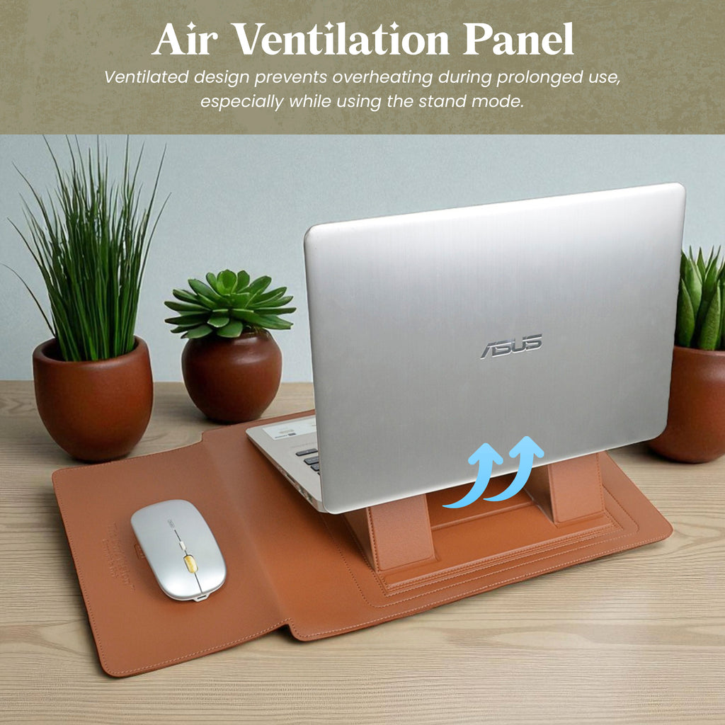 Vegan PU Leather Laptop Sleeve Bag with Built-in Mouse Pad & Adjustable Stand – Shockproof, Waterproof Slim Case for 14.1–15.4 inch Laptops