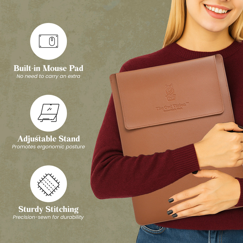 Vegan PU Leather Laptop Sleeve Bag with Built-in Mouse Pad & Adjustable Stand – Shockproof, Waterproof Slim Case for 14.1–15.4 inch Laptops