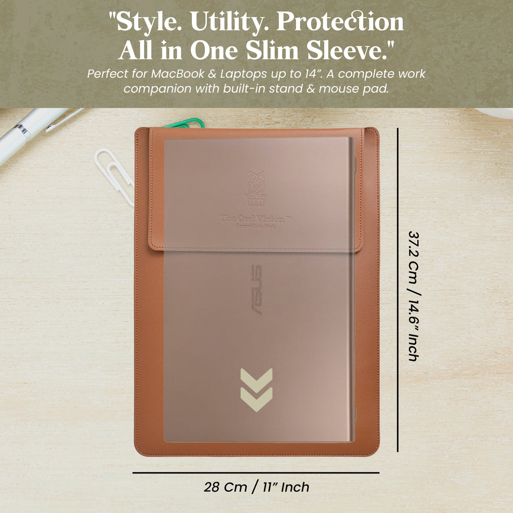 Vegan PU Leather Laptop Sleeve Bag with Built-in Mouse Pad & Adjustable Stand – Shockproof, Waterproof Slim Case for 14.1–15.4 inch Laptops