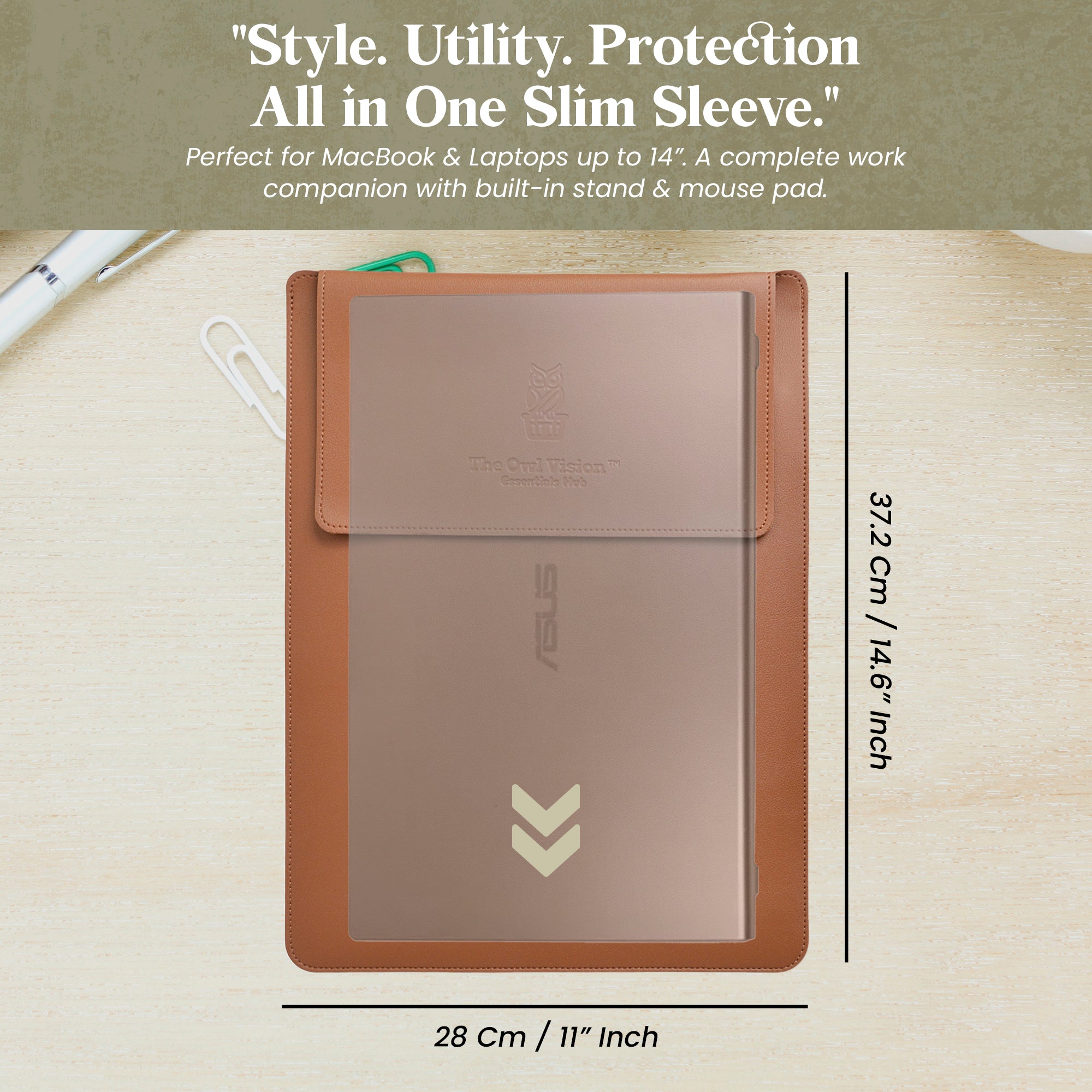 Vegan PU Leather Laptop Sleeve Bag with Built-in Mouse Pad & Adjustable Stand – Shockproof, Waterproof Slim Case for 14.1–15.4 inch Laptops