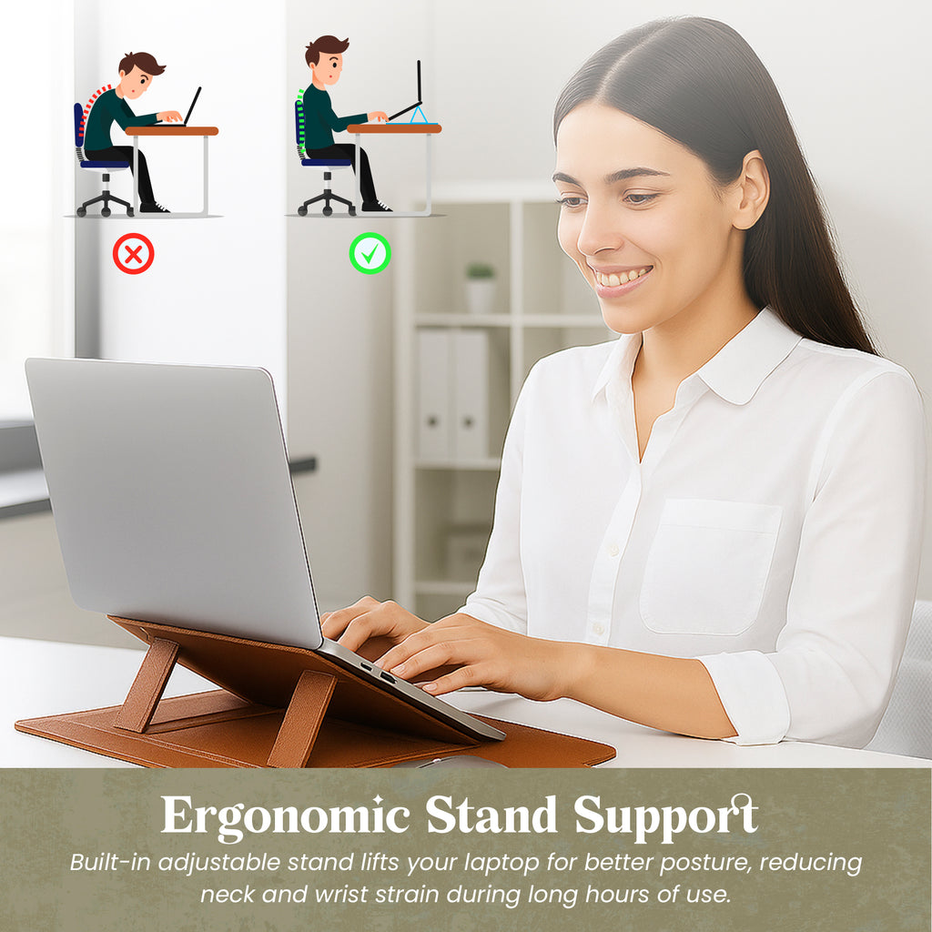 Vegan PU Leather Laptop Sleeve Bag with Built-in Mouse Pad & Adjustable Stand – Shockproof, Waterproof Slim Case for 14.1–15.4 inch Laptops