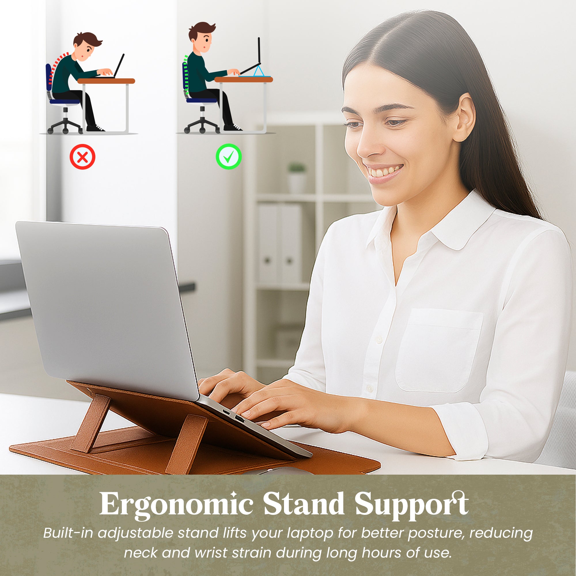 Vegan PU Leather Laptop Sleeve Bag with Built-in Mouse Pad & Adjustable Stand – Shockproof, Waterproof Slim Case for 14.1–15.4 inch Laptops