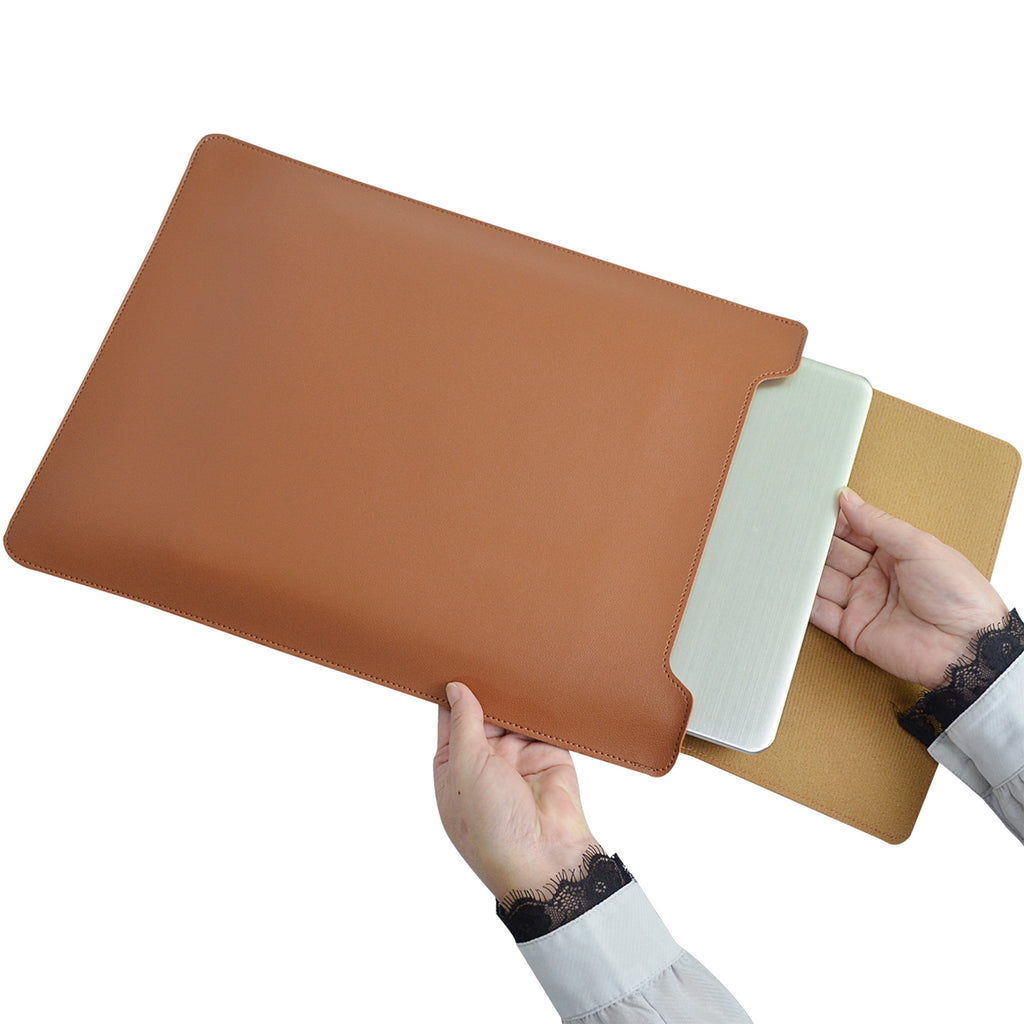Vegan PU Leather Laptop Sleeve Bag with Built-in Mouse Pad & Adjustable Stand – Shockproof, Waterproof Slim Case for 14.1–15.4 inch Laptops