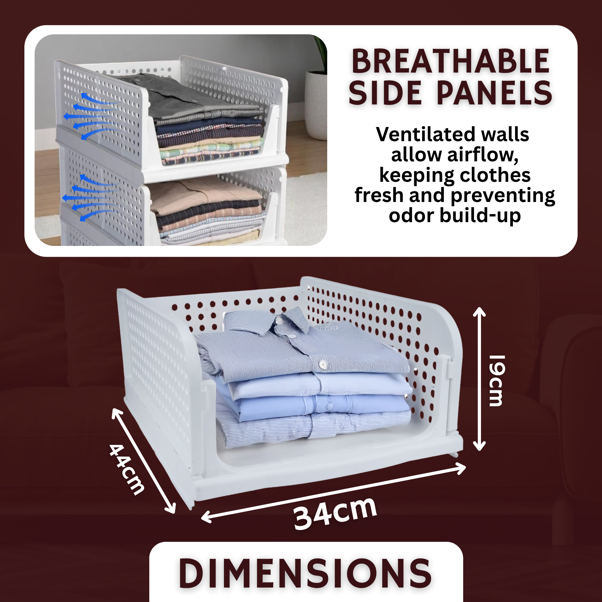 Foldable Wardrobe Organizer – Set of 3 Plastic Storage Drawers | Stackable Cloth Organizer for Shirts, Pants, Sarees & Toys | Space-Saving ABS Shelf Organizer for Home – White