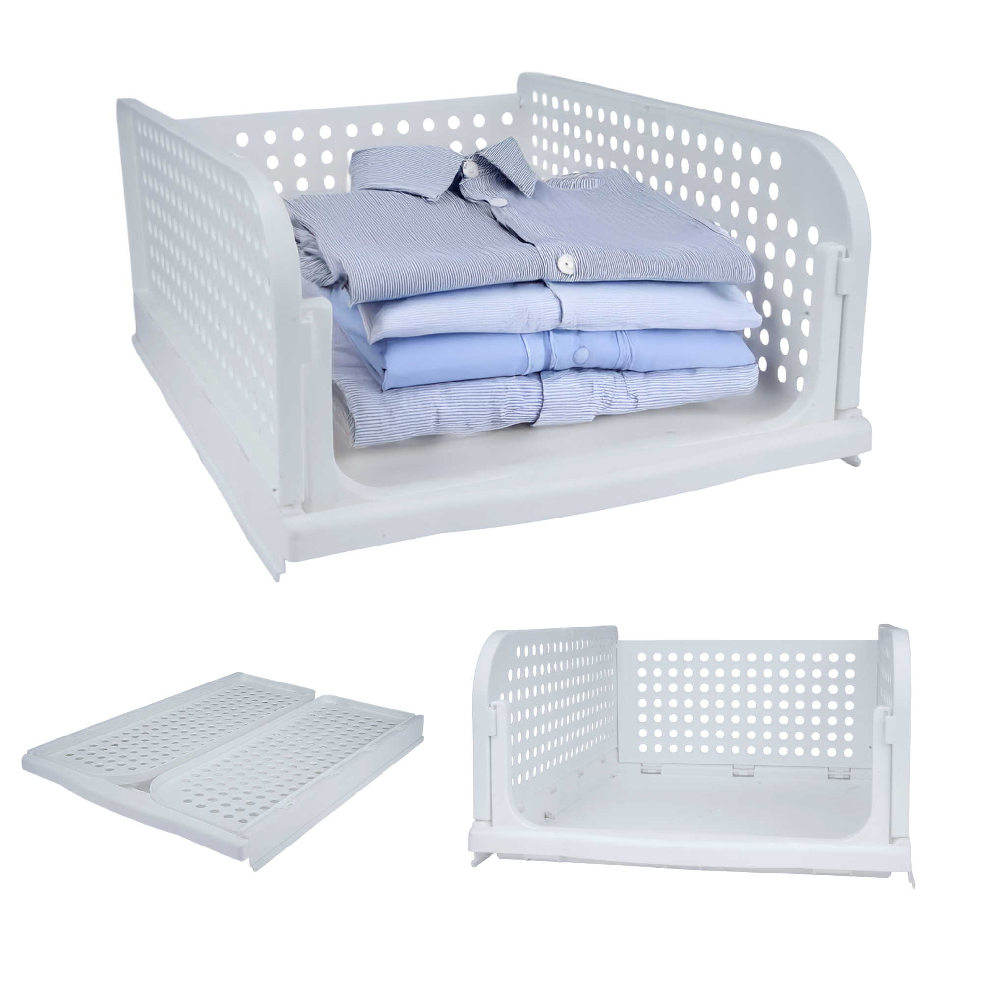 Foldable Wardrobe Organizer – Set of 3 Plastic Storage Drawers | Stackable Cloth Organizer for Shirts, Pants, Sarees & Toys | Space-Saving ABS Shelf Organizer for Home – White